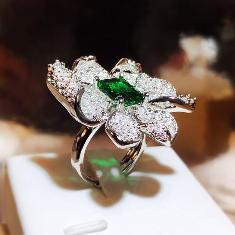Emerald Flower Ring (Adjustable)
