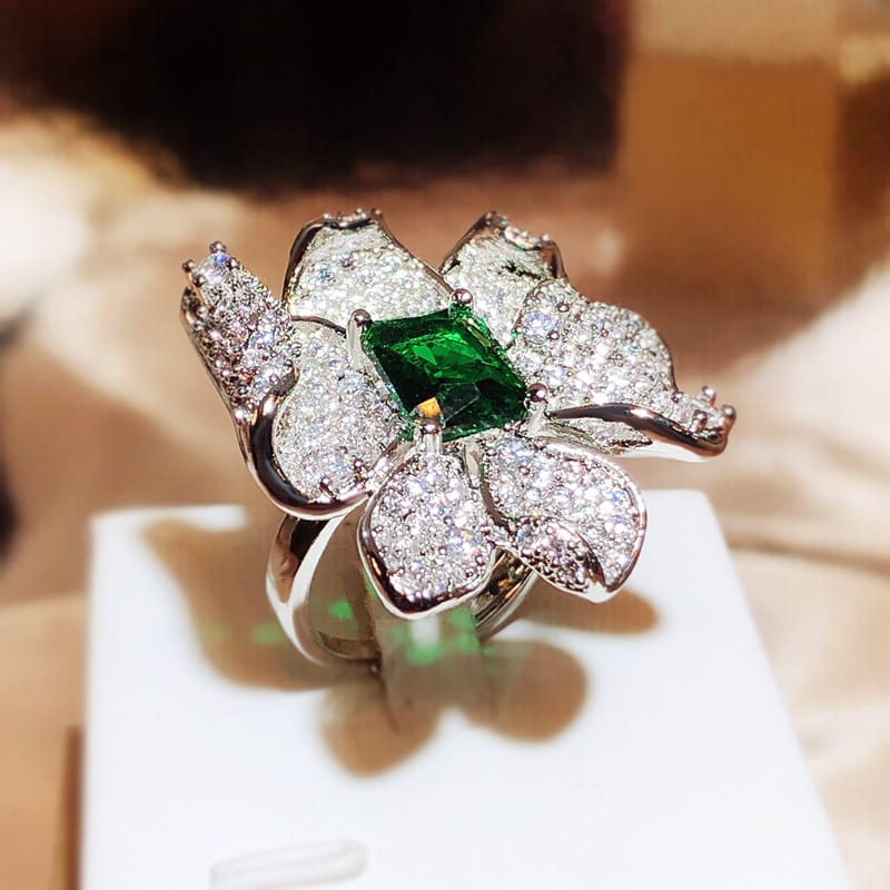 Emerald Flower Ring (Adjustable)