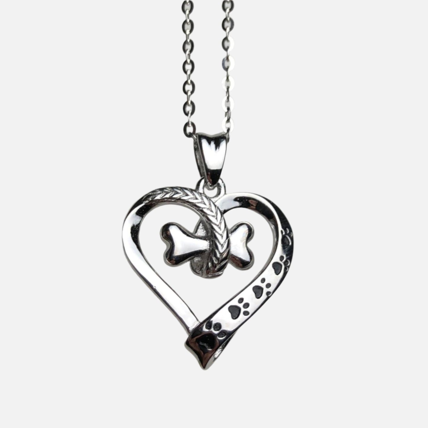 Dog Paw and Heart Necklace in Stainless Steel