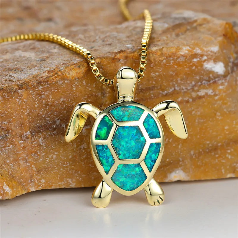 Vintage Gold Green Fire Opal Turtle Pendant Necklace