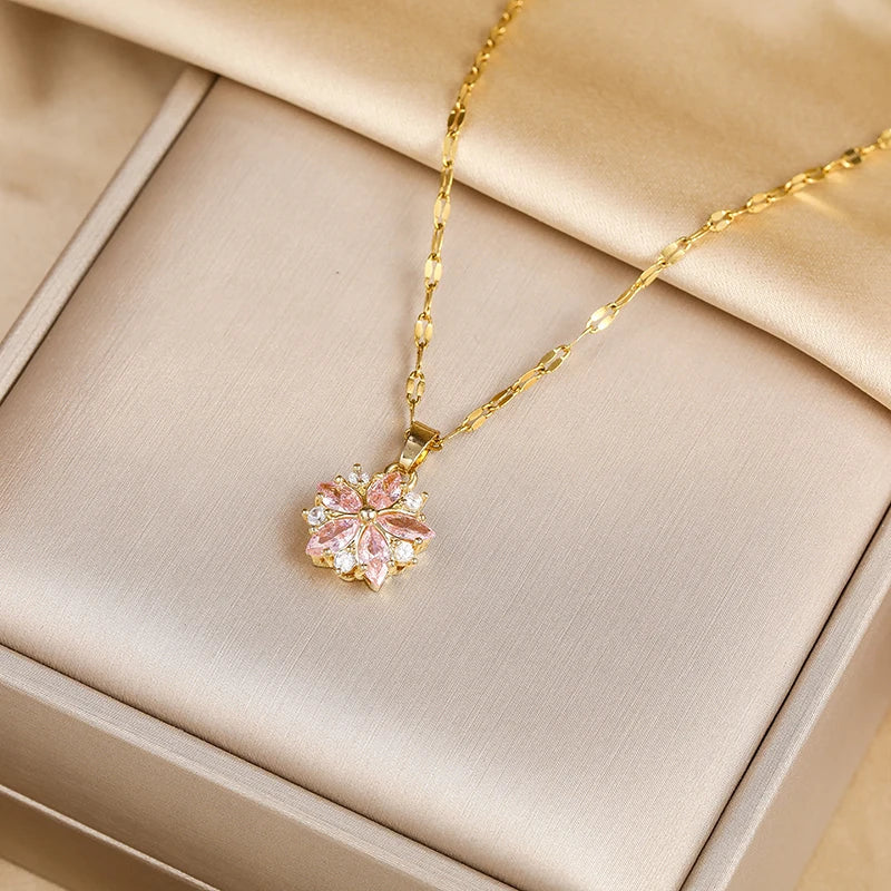 Romantic Pink Sakura Stainless Steel Necklace