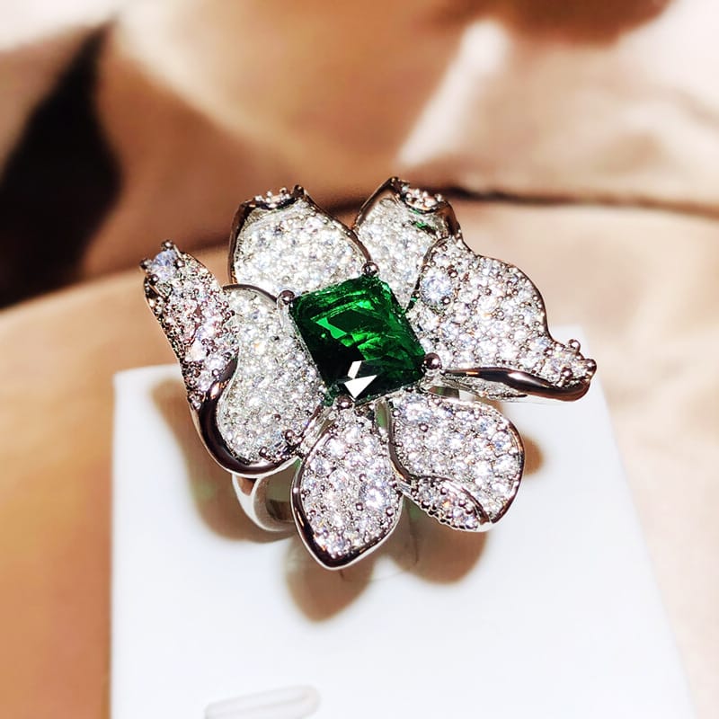 Emerald Flower Ring (Adjustable)