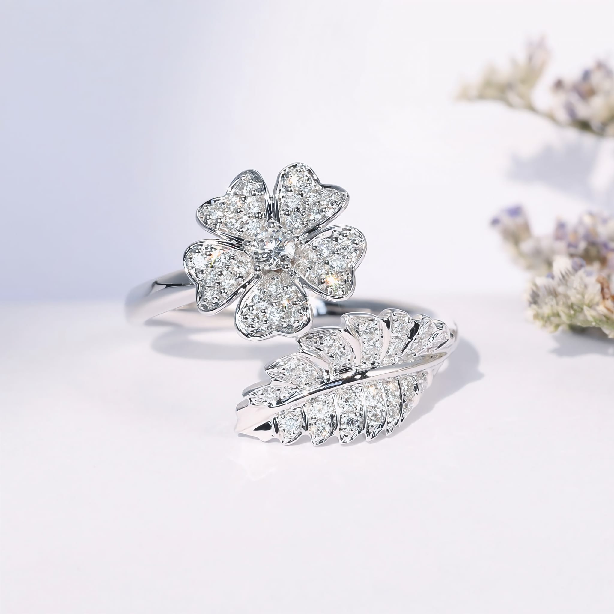 Flower & Leaf Zirconia Ring (Adjustable)