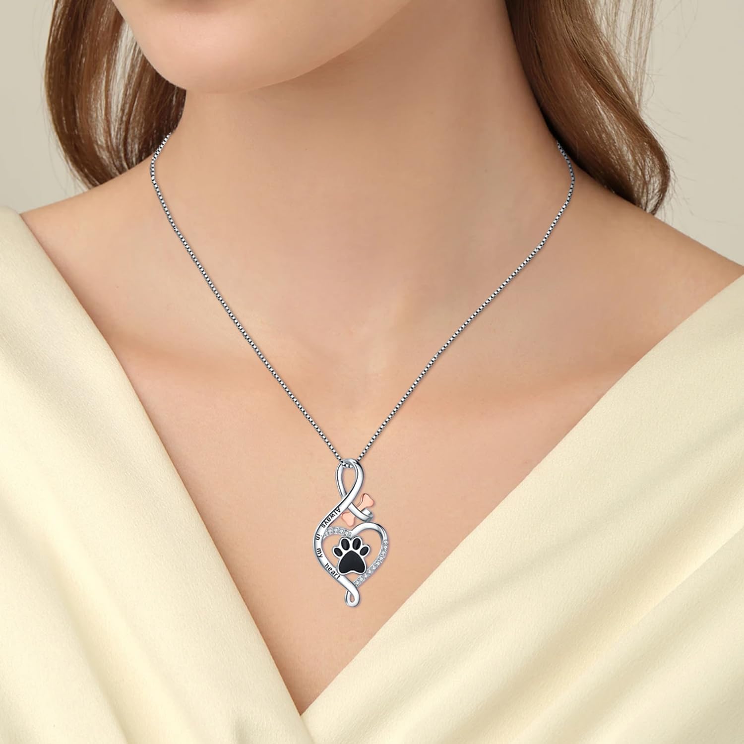 Lucky Paw Necklace with Heart, Bone & Infinity – “Always in My Heart” Pendant
