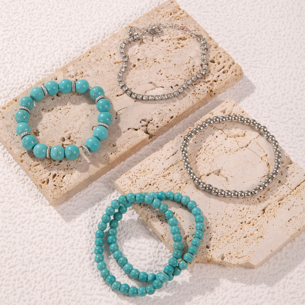 Big Turquoise Beaded Bracelet Set of 5