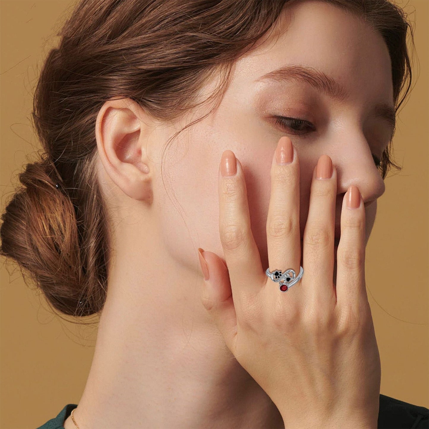 Black Paw Print Adjustable Ring With Red Gemstone
