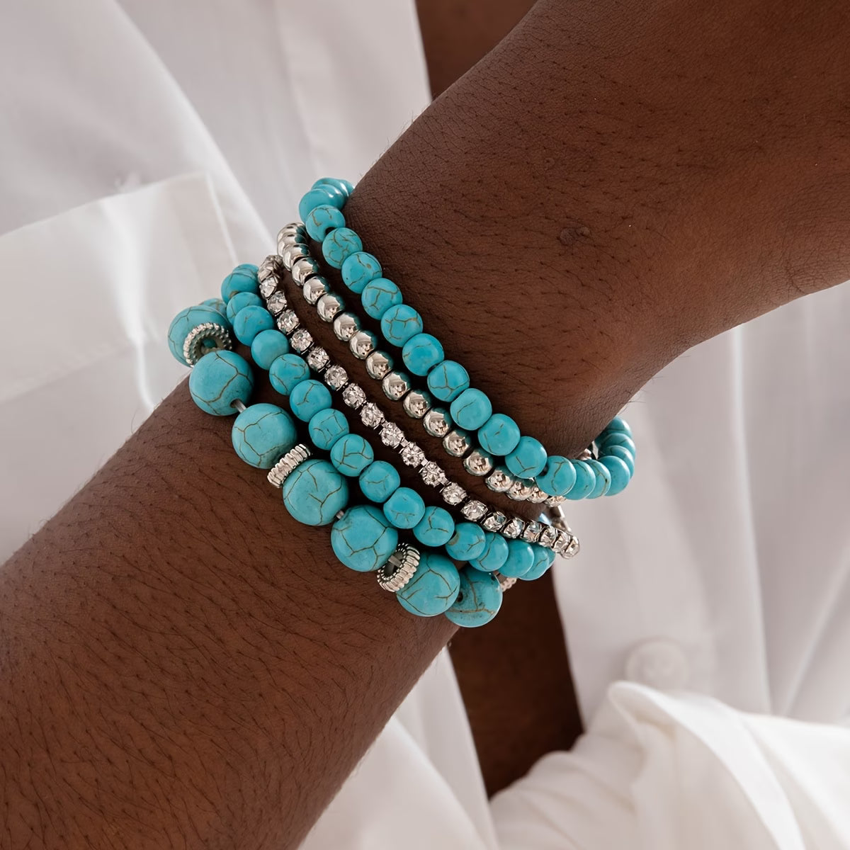 Big Turquoise Beaded Bracelet Set of 5