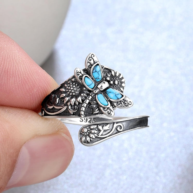 Sterling Silver Turquoise Spoon Ring – Vintage Boho Wrap Ring with Dragonfly