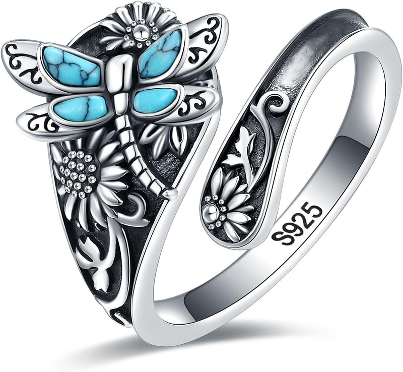 Sterling Silver Turquoise Spoon Ring – Vintage Boho Wrap Ring with Dragonfly