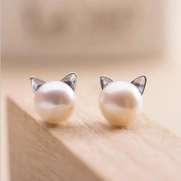 Sterling Silver Cat Pearl Stud Earrings