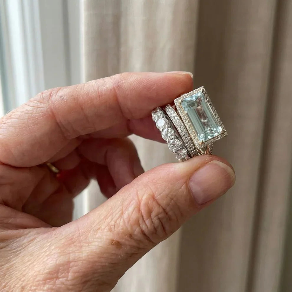 Vintage silver turquoise glass ring set