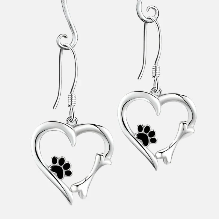 Silver Drop Earrings with Heart & Paw Design