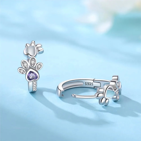Paw Huggie Earrings in 925 Sterling Silver – With Zirconia and Heart Gem