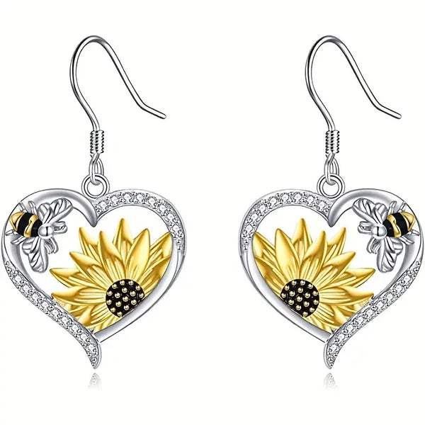 Vintage Boho Sunflower & Bee Heart Dangle Earrings