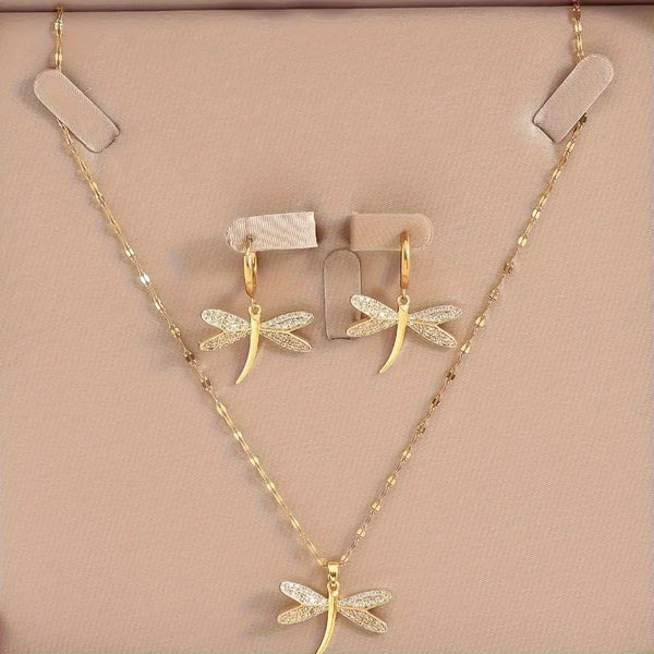 Gold Dragonfly Jewelry Necklace with Bonus Earrings