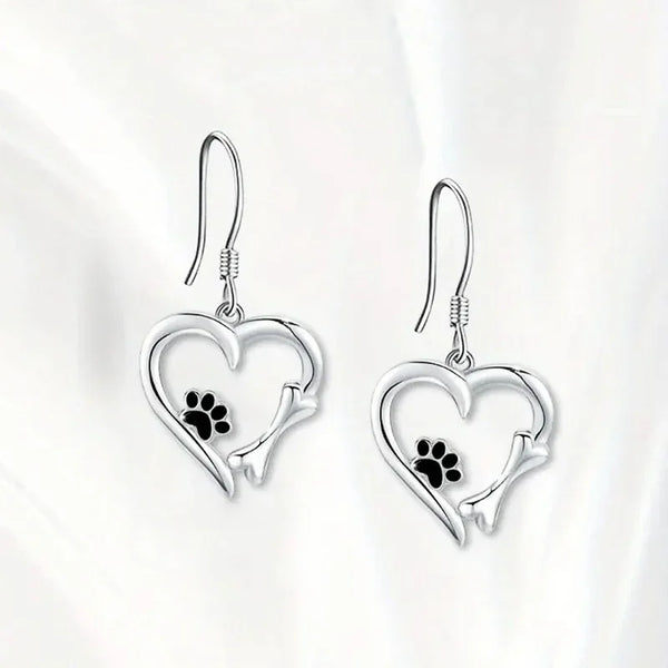 Silver Drop Earrings with Heart & Paw Design