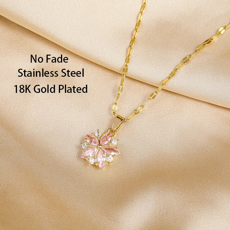 Romantic Pink Sakura Stainless Steel Necklace