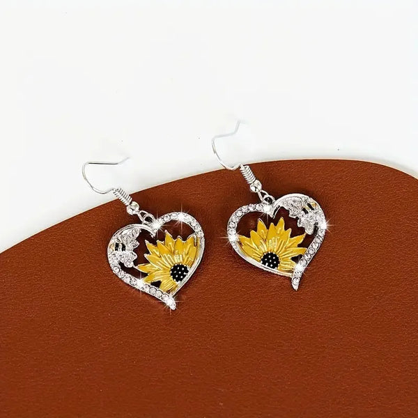 Vintage Boho Sunflower & Bee Heart Dangle Earrings