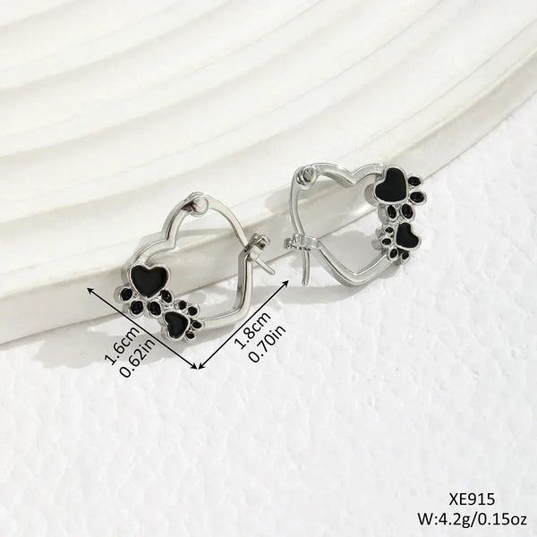 Heart Paw Huggie Earrings with Black Enamel