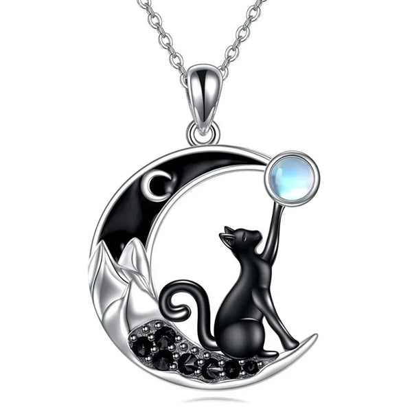 Black Cat Moon Crystal Pendant Necklace
