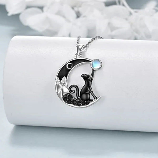 Black Cat Moon Crystal Pendant Necklace