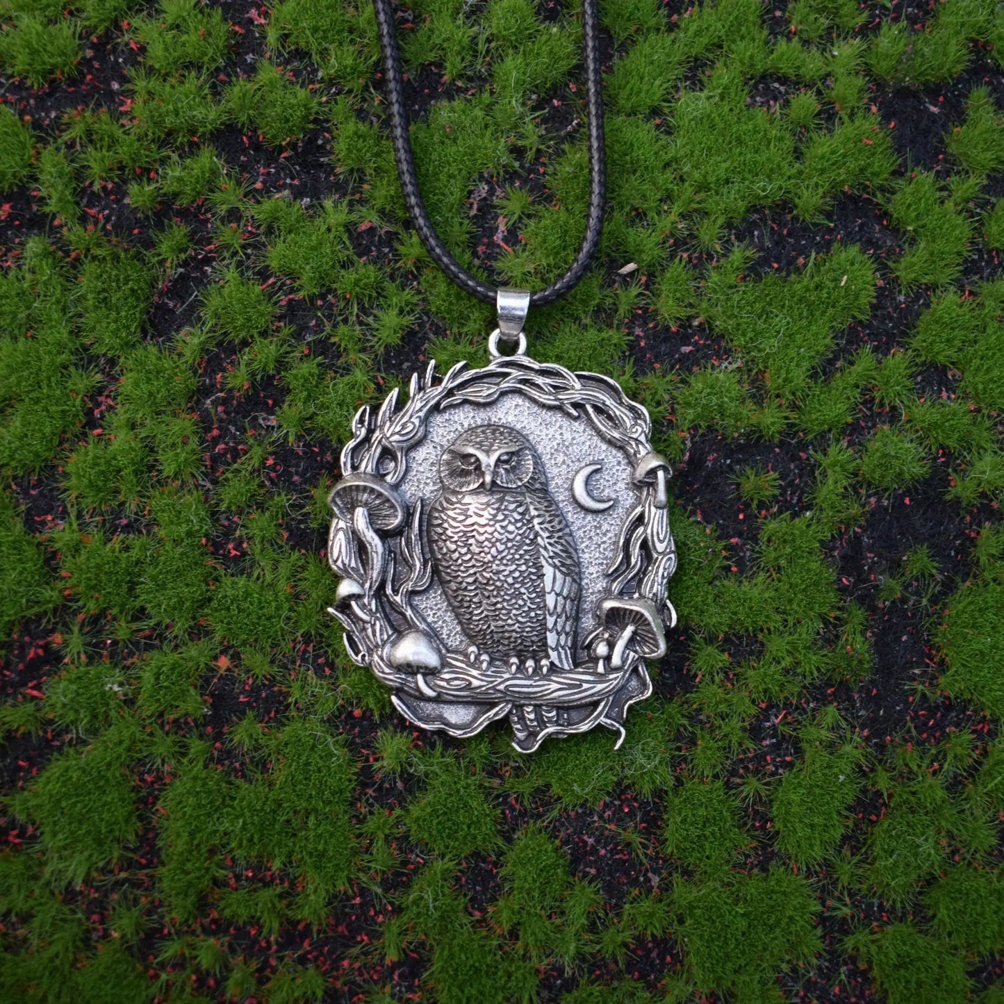 Mystical Owl Moon Mushroom Pendant Necklace
