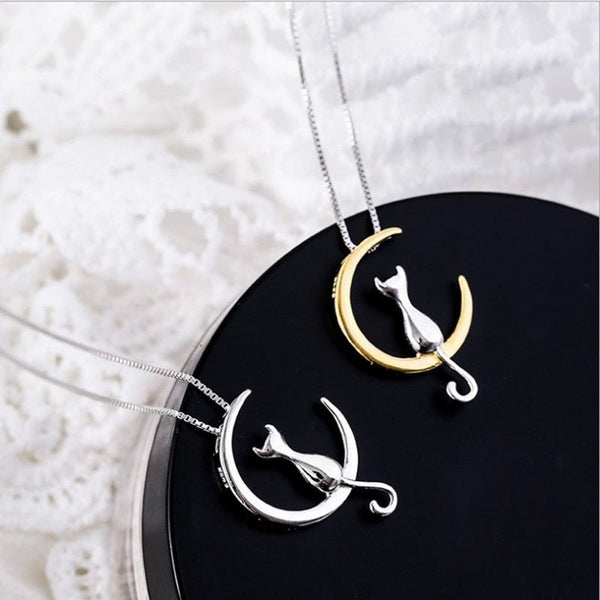 Crescent and cat elegant cat necklace
