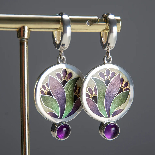 Exclusive Silver Boho Earrings with Purple Crystals