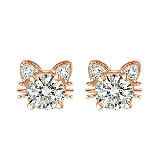 Moissanite Rose Gold Cat Stud Earrings in 925 Sterling Silver