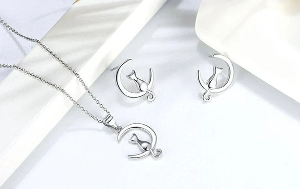 Moon & Cat Sterling Silver Stud Cat Earrings