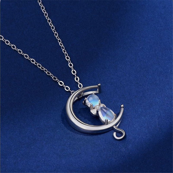 Moonstone Crescent and Cat Necklace